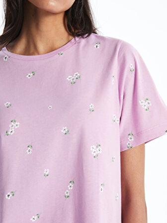 LCWAIKIKI Classic Lila Bisiklet Yaka Desenli Kadın Tişört