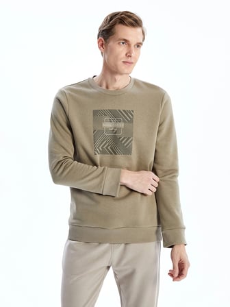 LCWAIKIKI Classic Kahverengi Bisiklet Yaka Baskılı Erkek Kalın Sweatshirt