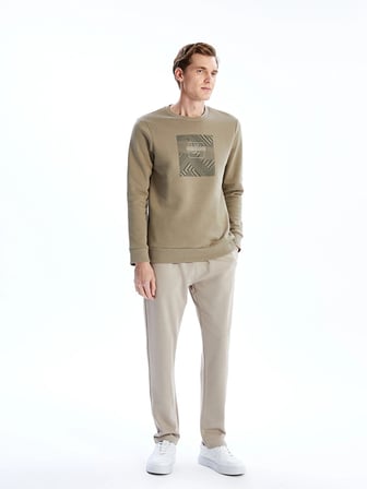 LCWAIKIKI Classic Kahverengi Bisiklet Yaka Baskılı Erkek Kalın Sweatshirt