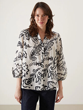 LCWAIKIKI Classic Siyah Kaçık Yaka Çiçekli Kadın Bluz