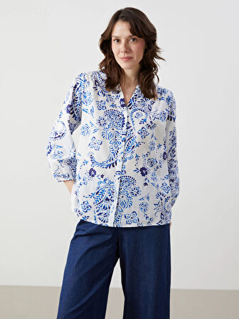 LCWAIKIKI Classic Mavi Kaçık Yaka Çiçekli Kadın Bluz