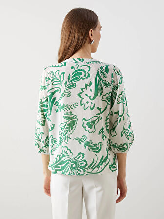 LCWAIKIKI Classic Yeşil Kaçık Yaka Çiçekli Kadın Bluz