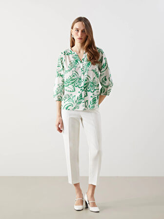 LCWAIKIKI Classic Yeşil Kaçık Yaka Çiçekli Kadın Bluz