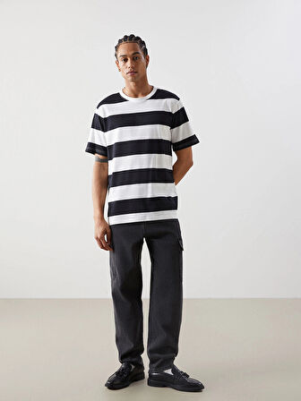 XSIDE SİYAH Bisiklet Yaka Kısa Kollu Çizgili Penye Erkek Tişört