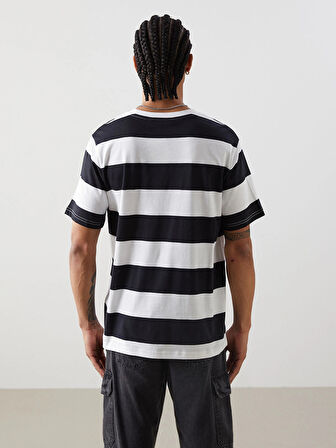 XSIDE SİYAH Bisiklet Yaka Kısa Kollu Çizgili Penye Erkek Tişört
