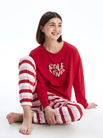 LCW DREAM KIRMIZI Bisiklet Yaka Baskılı Kadın Pijama Takımı