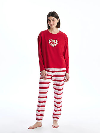 LCW DREAM KIRMIZI Bisiklet Yaka Baskılı Kadın Pijama Takımı
