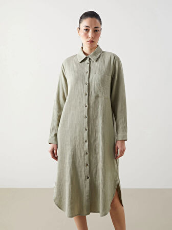 LCWAIKIKI Classic Yeşil Dokulu Kadın Gömlek Elbise