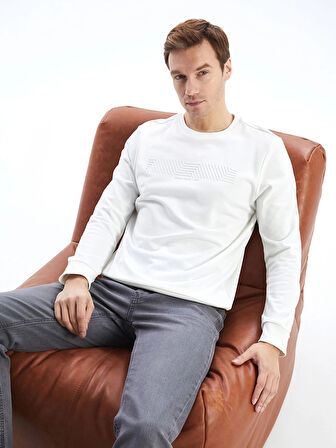 LCWAIKIKI Classic EKRU Bisiklet Yaka Uzun Kollu Baskılı Erkek Sweatshirt