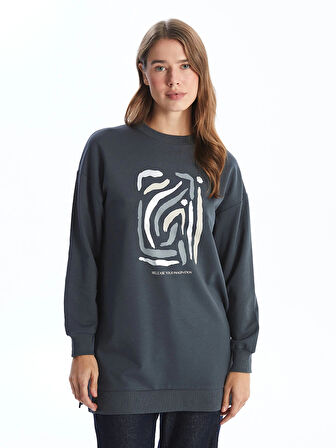 LCW Modest ANTRASİT Bisiklet Yaka Baskılı Oversize Kadın Sweatshirt Tunik