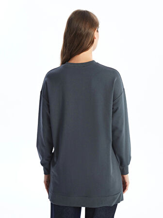 LCW Modest ANTRASİT Bisiklet Yaka Baskılı Oversize Kadın Sweatshirt Tunik