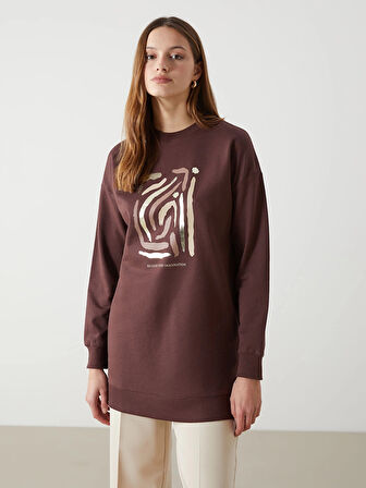 LCW Modest KAHVERENGİ Bisiklet Yaka Baskılı Oversize Kadın Sweatshirt Tunik