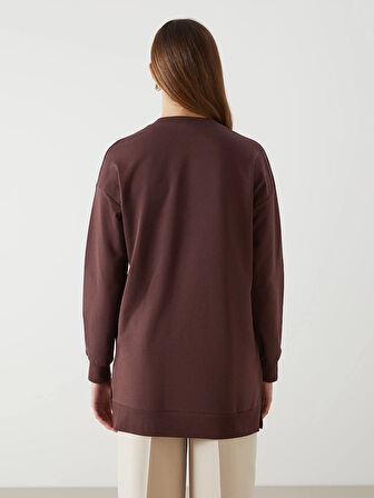 LCW Modest KAHVERENGİ Bisiklet Yaka Baskılı Oversize Kadın Sweatshirt Tunik