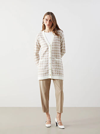 LCWAIKIKI Classic Kahverengi V Yaka Desenli Kadın Triko Hırka