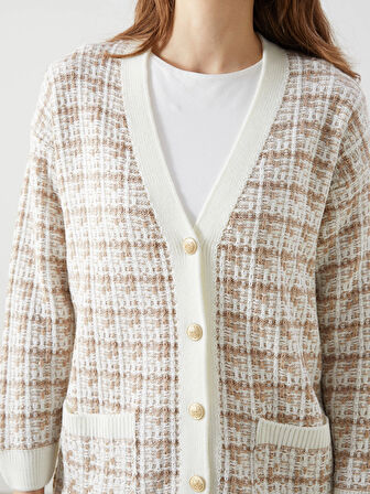 LCWAIKIKI Classic Kahverengi V Yaka Desenli Kadın Triko Hırka