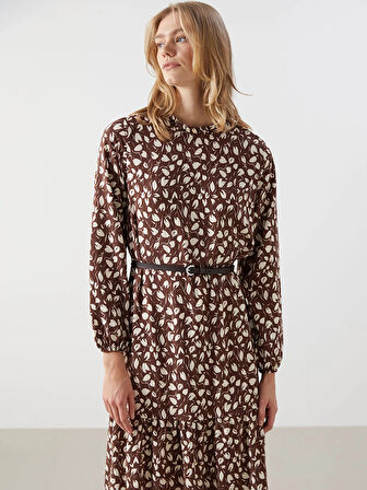 LCW Modest KAHVERENGİ Dik Yaka Desenli Kadın Elbise