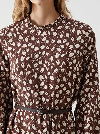 LCW Modest KAHVERENGİ Dik Yaka Desenli Kadın Elbise