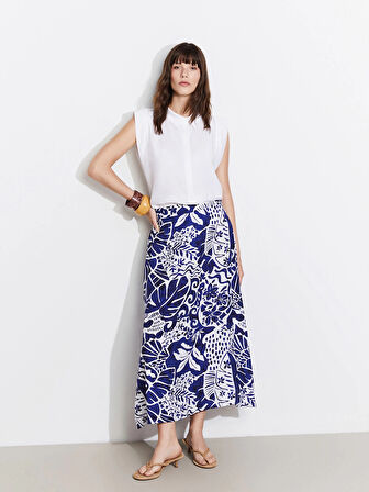 LCWAIKIKI Classic Mavi Beli Lastikli Çiçekli Kadın Etek