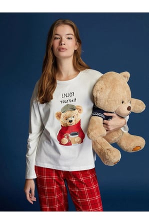 LCW DREAM Kırmızı Bisiklet Yaka Baskılı Kadın Pijama Takımı