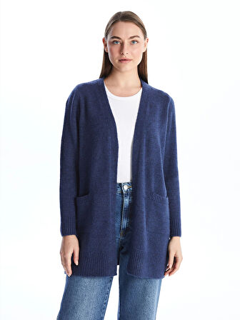 LCWAIKIKI Basic İNDİGO Şal Yaka Düz Uzun Kollu Kadın Triko Hırka