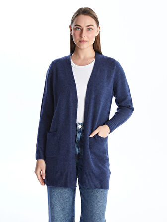 LCWAIKIKI Basic İNDİGO Şal Yaka Düz Uzun Kollu Kadın Triko Hırka