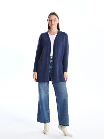 LCWAIKIKI Basic İNDİGO Şal Yaka Düz Uzun Kollu Kadın Triko Hırka