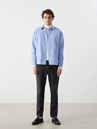 XSIDE Mavi Rahat Kalıp Uzun Kollu Çizgili Erkek Gömlek