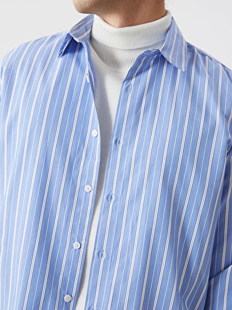 XSIDE Mavi Rahat Kalıp Uzun Kollu Çizgili Erkek Gömlek