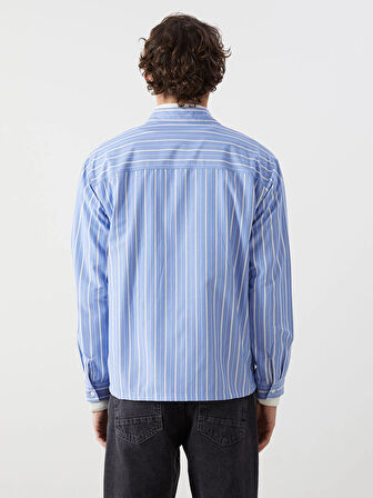 XSIDE Mavi Rahat Kalıp Uzun Kollu Çizgili Erkek Gömlek