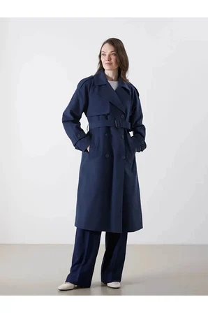 LCW Modest Lacivert Kruvaze Yaka Oversize Kadın Trençkot