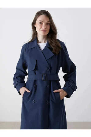 LCW Modest Lacivert Kruvaze Yaka Oversize Kadın Trençkot