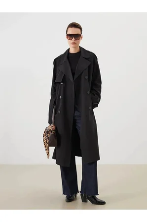LCW Modest Siyah Kruvaze Yaka Oversize Kadın Trençkot