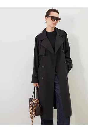 LCW Modest Siyah Kruvaze Yaka Oversize Kadın Trençkot