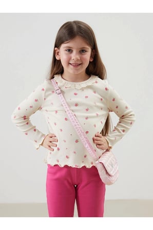 LCW Kids Ekru Çiçekli Dantelli Kız Çocuk Tişört ve Tayt 2'li