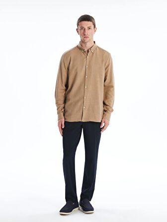 LCW Vision Bej Slim Fit Uzun Kollu Armürlü Erkek Gömlek