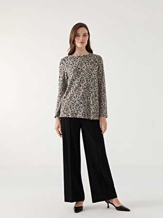 LC WAIKIKI BEJ Bisiklet Yaka Leopar Desenli Kadın Bluz