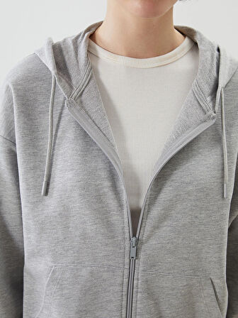 LCWAIKIKI Classic Gri Kapüşonlu Oversize Kadın Fermuarlı Sweatshirt