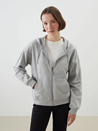LCWAIKIKI Classic Gri Kapüşonlu Oversize Kadın Fermuarlı Sweatshirt