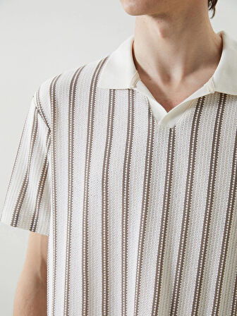 LCW Vision Bej Polo Yaka Kısa Kollu Çizgili Erkek Tişört