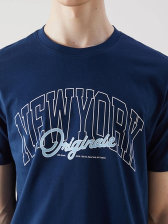 XSIDE İndigo Bisiklet Yaka New York Baskılı Penye Erkek Tişört
