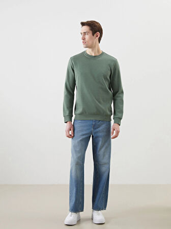 LCWAIKIKI Basic Yeşil Bisiklet Yaka Uzun Kollu Baskılı Erkek Sweatshirt