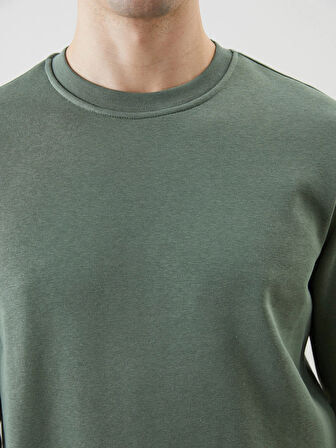 LCWAIKIKI Basic Yeşil Bisiklet Yaka Uzun Kollu Baskılı Erkek Sweatshirt