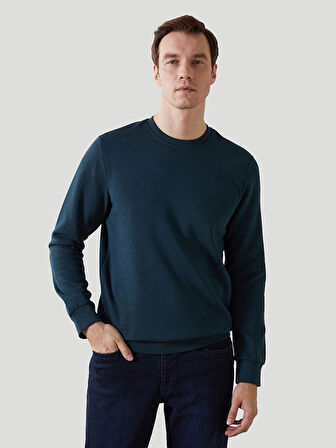 LCWAIKIKI Basic Petrol Bisiklet Yaka Uzun Kollu Baskılı Erkek Sweatshirt