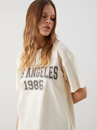 XSIDE Bej Bisiklet Yaka Los Angeles Baskılı Kadın Tişört