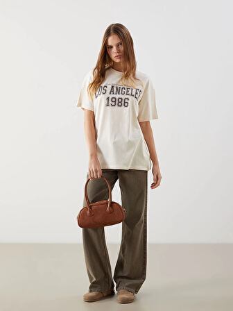 XSIDE Bej Bisiklet Yaka Los Angeles Baskılı Kadın Tişört