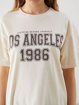 XSIDE Bej Bisiklet Yaka Los Angeles Baskılı Kadın Tişört