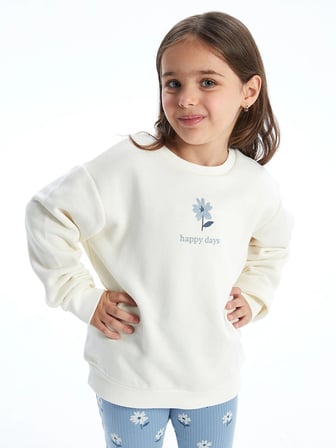 LCW Kids EKRU Bisiklet Yaka Çiçekli Kız Bebek Sweatshirt ve Tayt 2'li