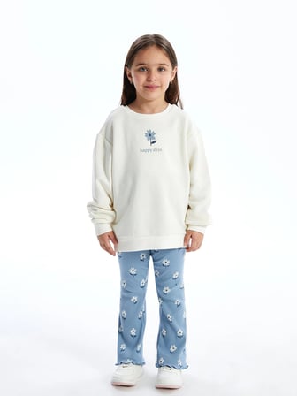 LCW Kids EKRU Bisiklet Yaka Çiçekli Kız Bebek Sweatshirt ve Tayt 2'li