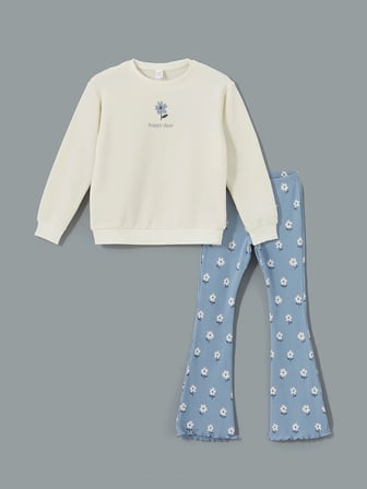 LCW Kids EKRU Bisiklet Yaka Çiçekli Kız Bebek Sweatshirt ve Tayt 2'li