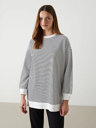 LCW Modest Siyah Çizgili Oversize Kadın Sweatshirt Tunik